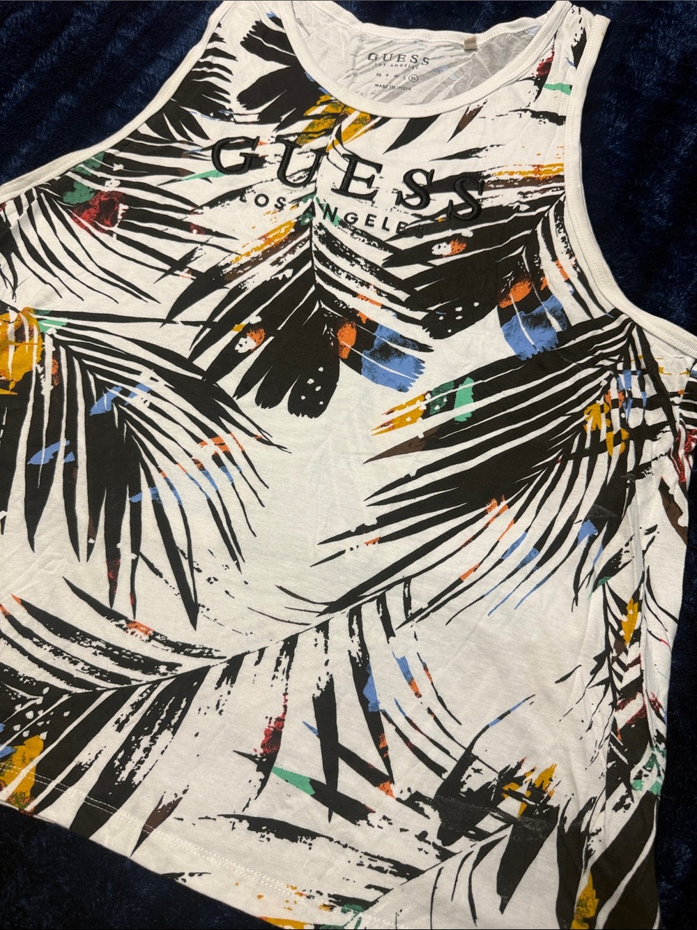 GUESS Men’s White Palm-Print Tank with Multicolor Accents